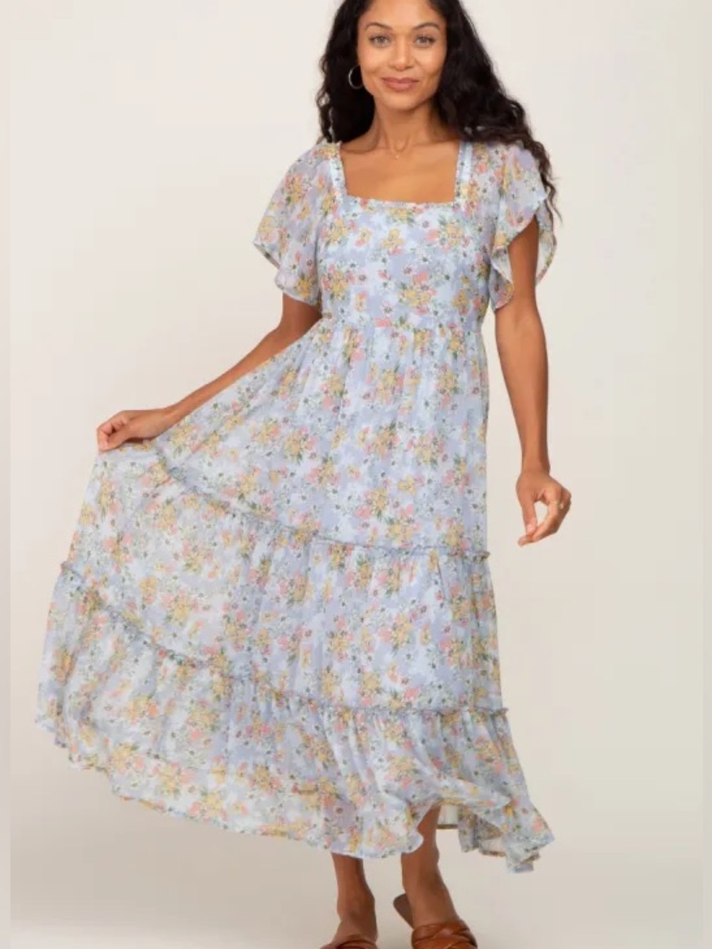 In Bloom Pastel Blue Floral Square-Neck Tiered Maxi Dress